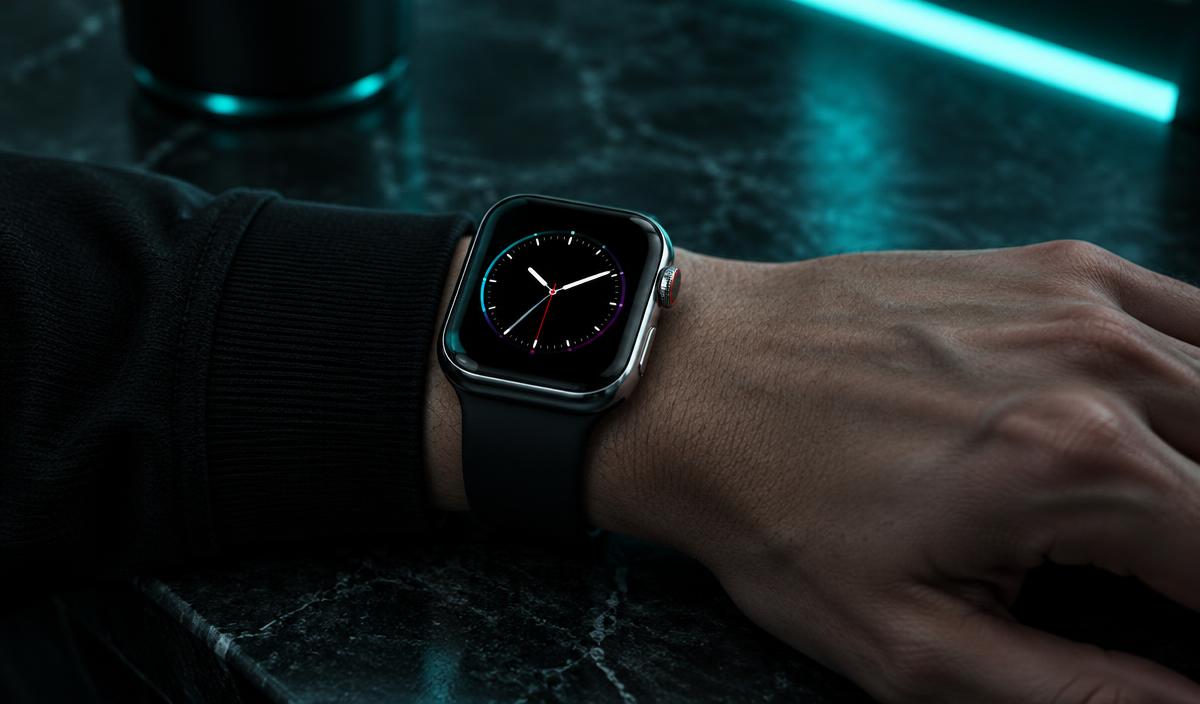 Ilustración de un reloj rectangular negro en la muñeca, con iluminación verde